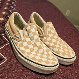 Vans tan checkered slip on